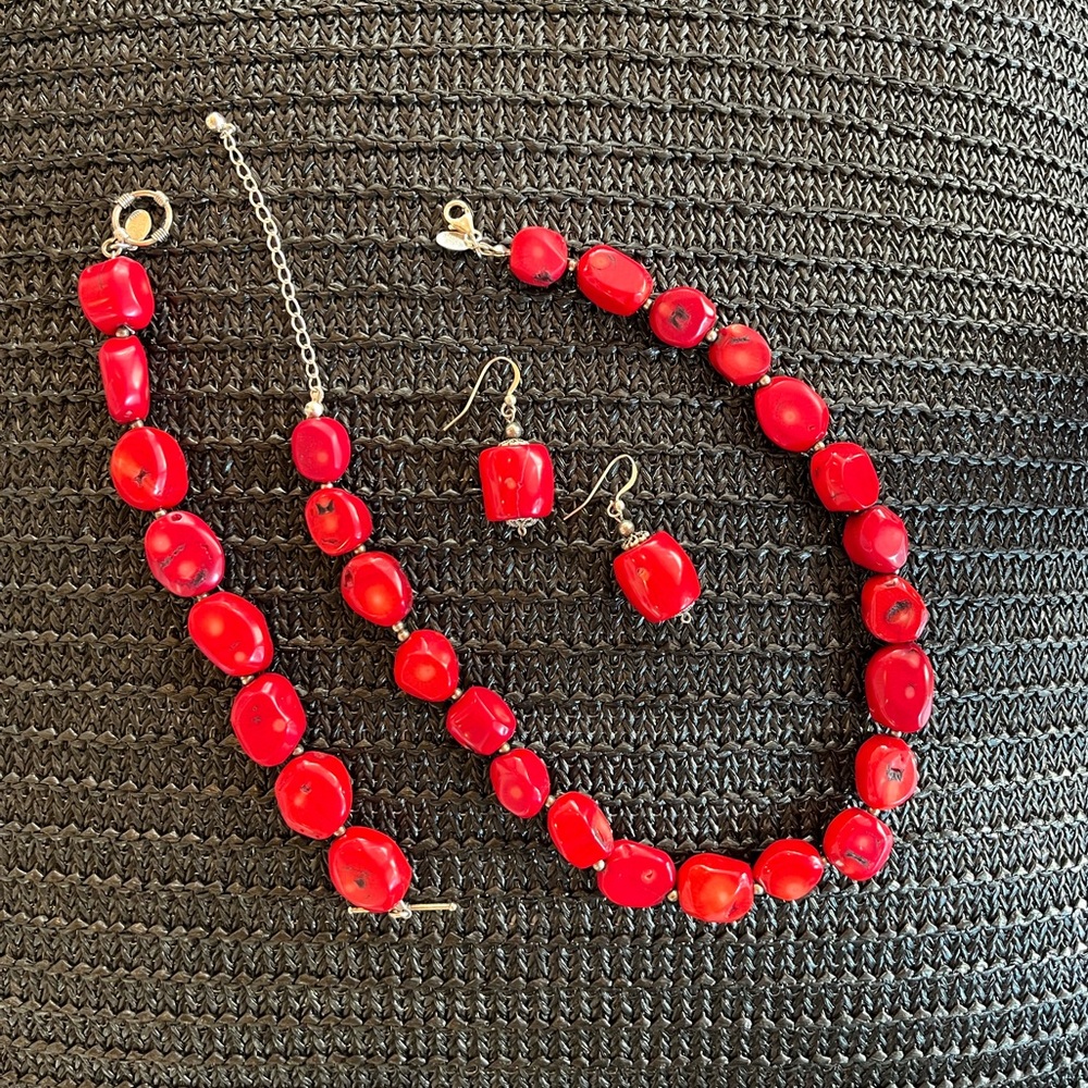 Red Stone and Silver Beaded 3-Piece Jewelry Set